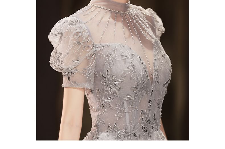 Short-Sleeve Evening A-Line Gown Rhinestone