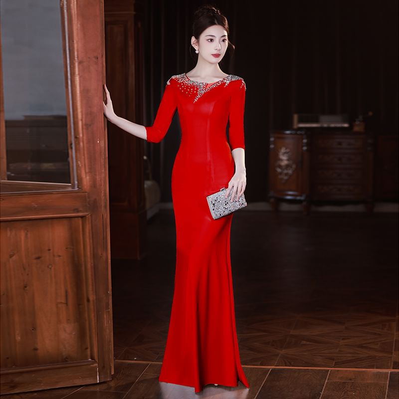 Neck Gown 3/4-Sleeve Rhinestone Evening Scoop Mermaid