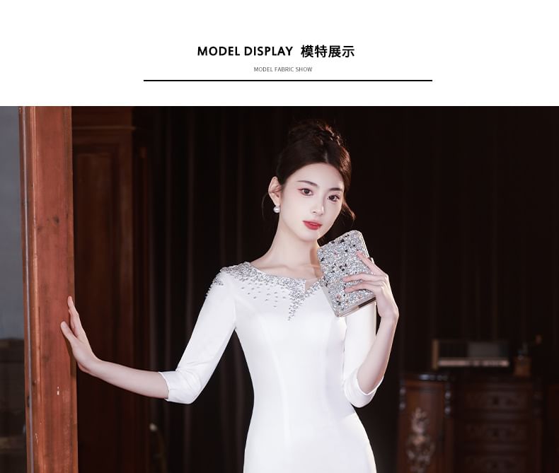 Neck Gown 3/4-Sleeve Rhinestone Evening Scoop Mermaid