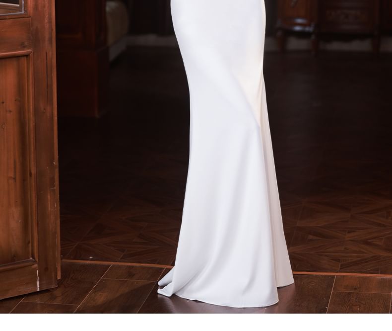 Neck Gown 3/4-Sleeve Rhinestone Evening Scoop Mermaid