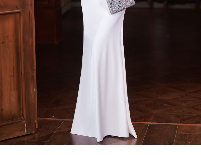 Neck Gown 3/4-Sleeve Rhinestone Evening Scoop Mermaid