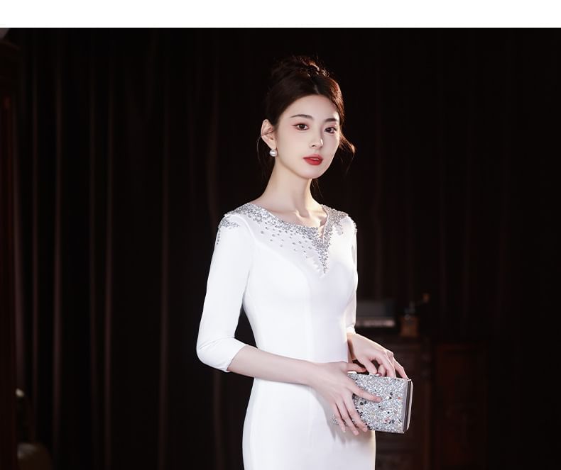 Neck Gown 3/4-Sleeve Rhinestone Evening Scoop Mermaid