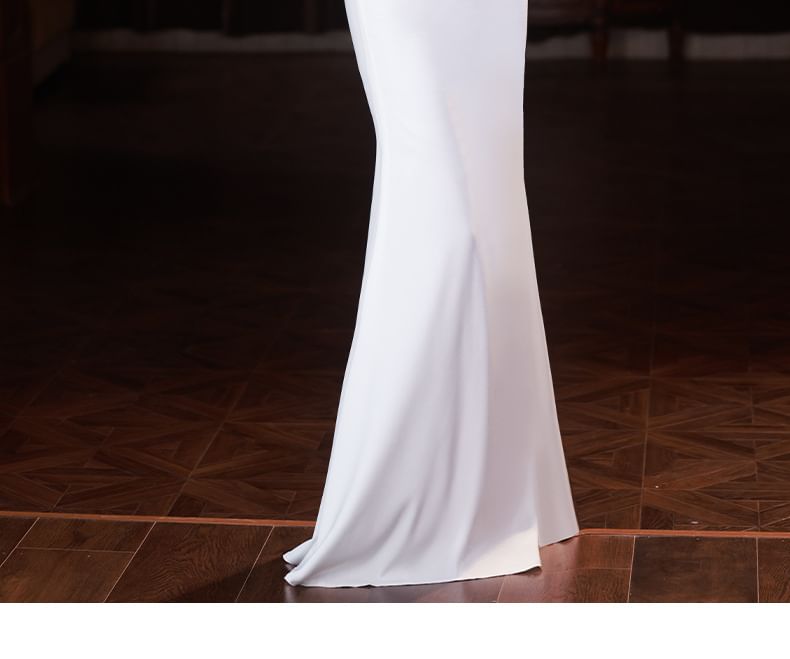 Neck Gown 3/4-Sleeve Rhinestone Evening Scoop Mermaid