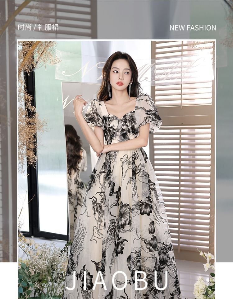 Gown Floral Short-Sleeve V-Neck Evening A-Line