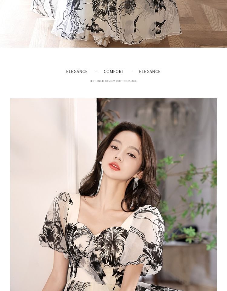 Gown Floral Short-Sleeve V-Neck Evening A-Line