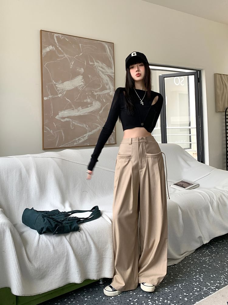 Leg Pants Rise Suit Wide Plain High Pleated