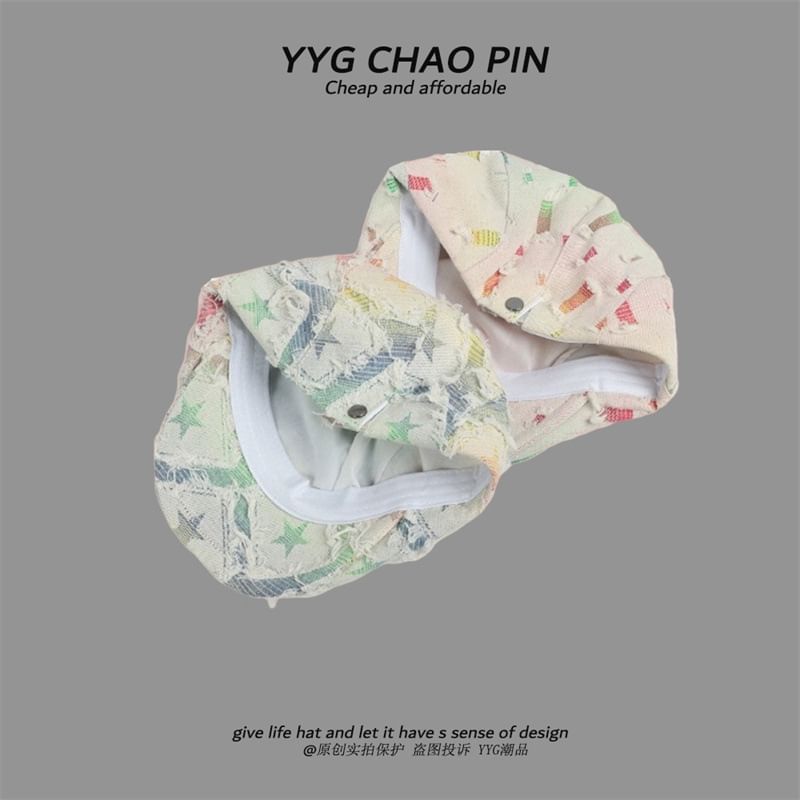 Star Cap Gradient Print Newsboy / Fringed Distressed Denim Trim