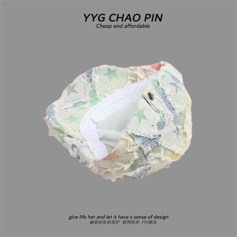 Star Cap Gradient Print Newsboy / Fringed Distressed Denim Trim