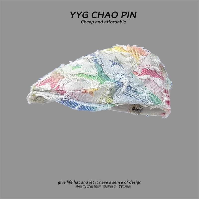 Star Cap Gradient Print Newsboy / Fringed Distressed Denim Trim