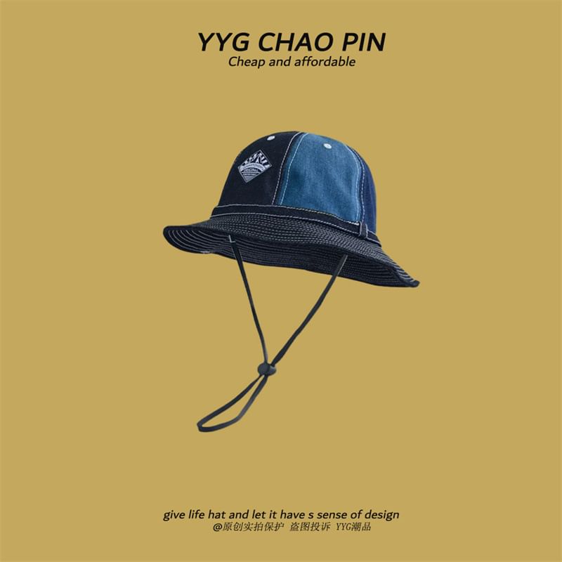 Denim Applique Stitching Bucket Hat Contrast