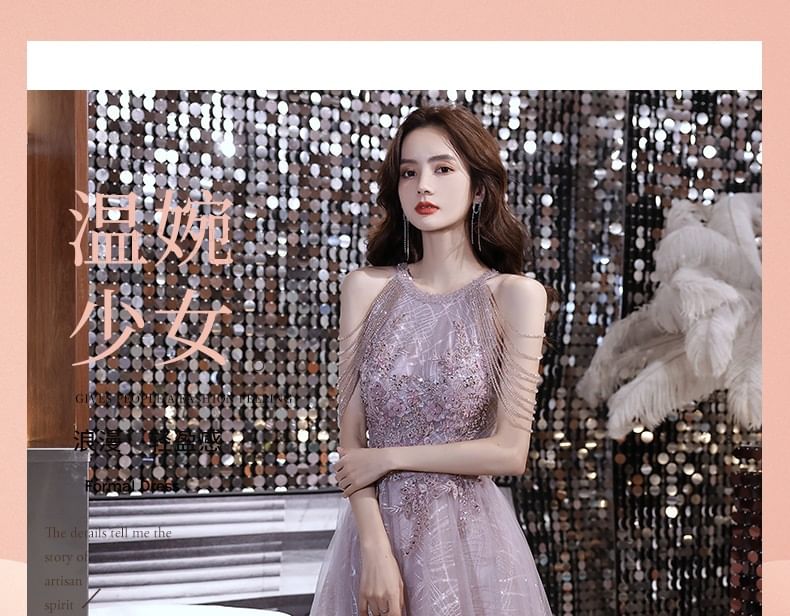 Mesh Evening Open Sleeveless Gown A-Line Back Sequin