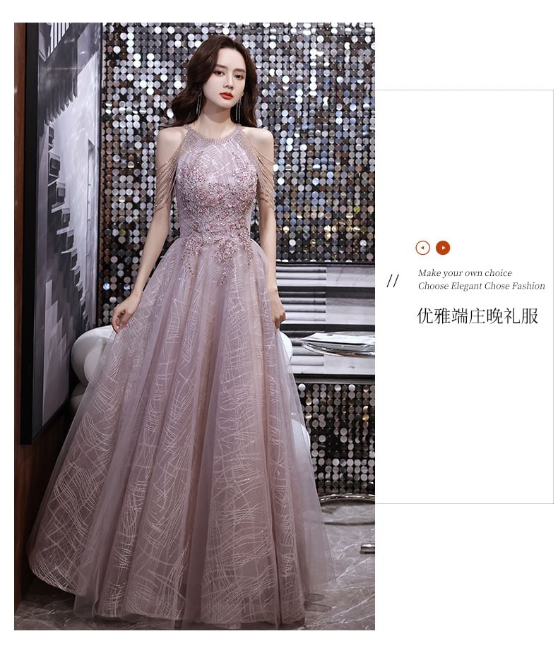 Mesh Evening Open Sleeveless Gown A-Line Back Sequin