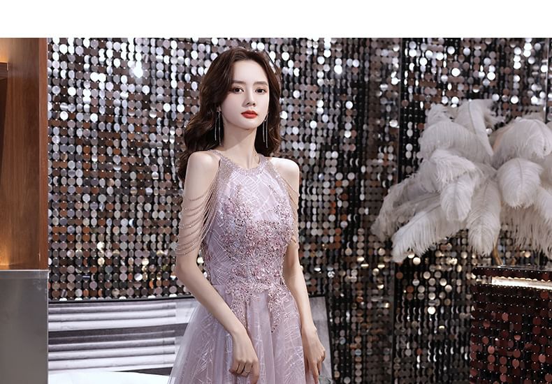 Mesh Evening Open Sleeveless Gown A-Line Back Sequin