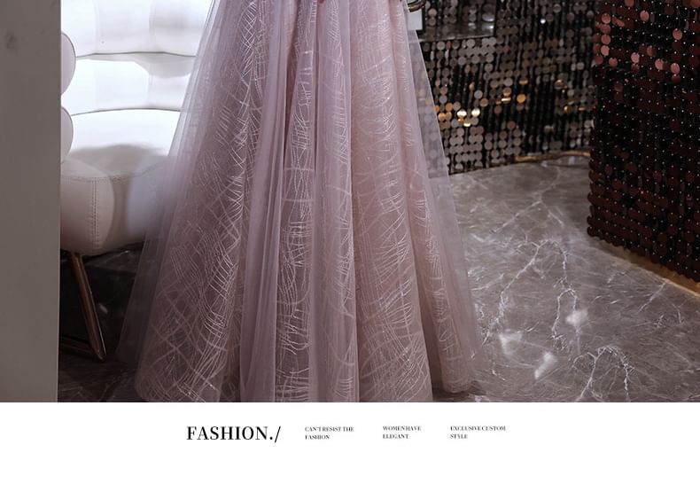 Mesh Evening Open Sleeveless Gown A-Line Back Sequin