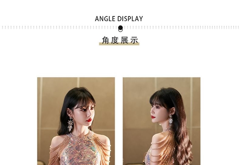 Sleeveless Evening Mermaid Halter Gown Sequin