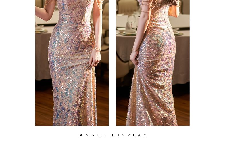Sleeveless Evening Mermaid Halter Gown Sequin