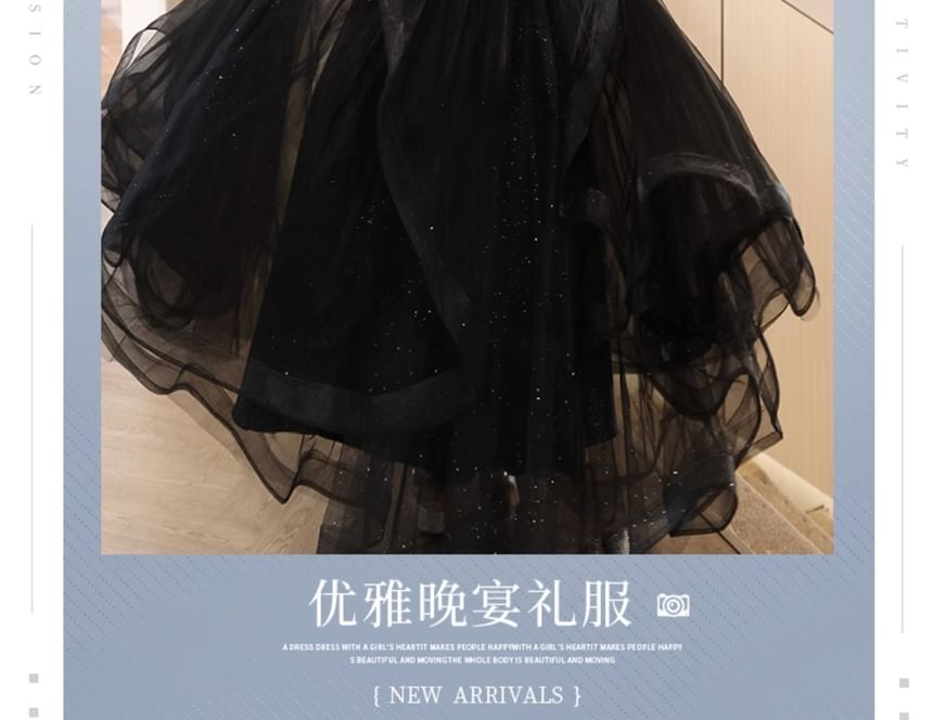 A-Line Short-Sleeve Mesh Sequin Plain Evening Gown