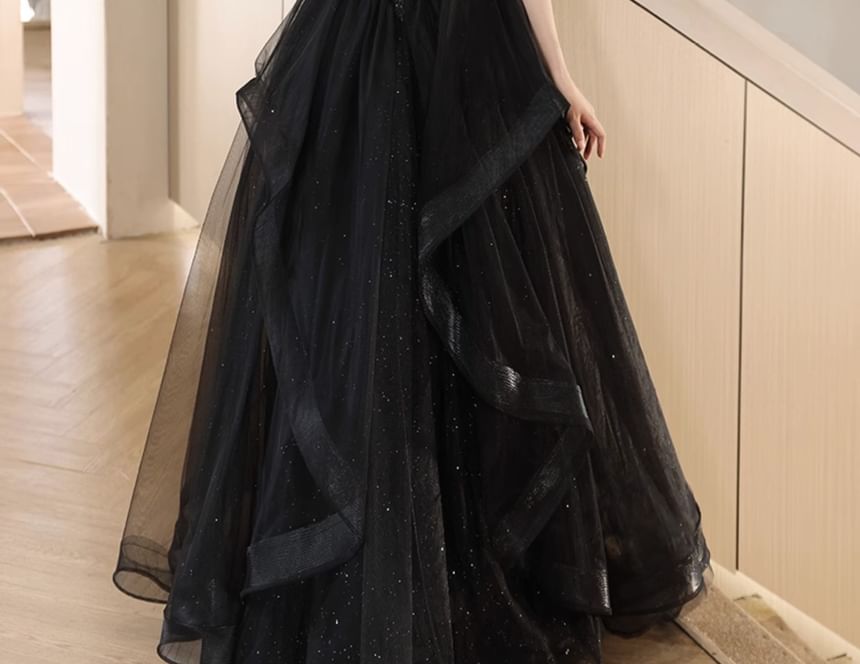 A-Line Short-Sleeve Mesh Sequin Plain Evening Gown