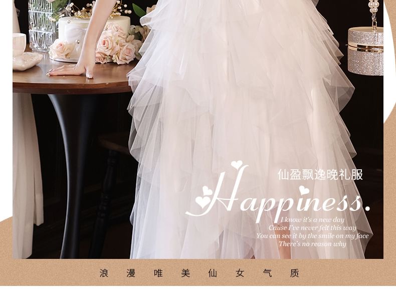 Mesh Fringed Tiered Evening Gown Slit Sequin A-Line Floral