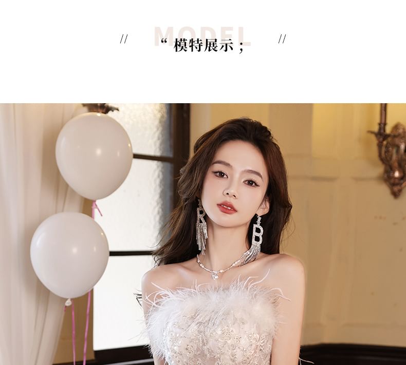 Mesh Fringed Tiered Evening Gown Slit Sequin A-Line Floral