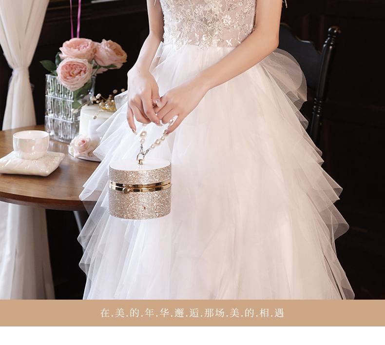 Mesh Fringed Tiered Evening Gown Slit Sequin A-Line Floral