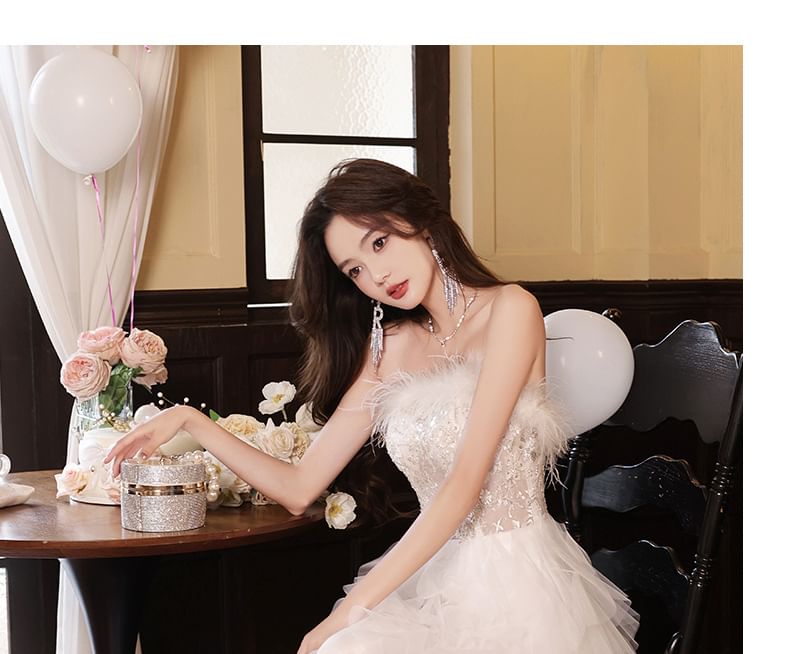 Mesh Fringed Tiered Evening Gown Slit Sequin A-Line Floral