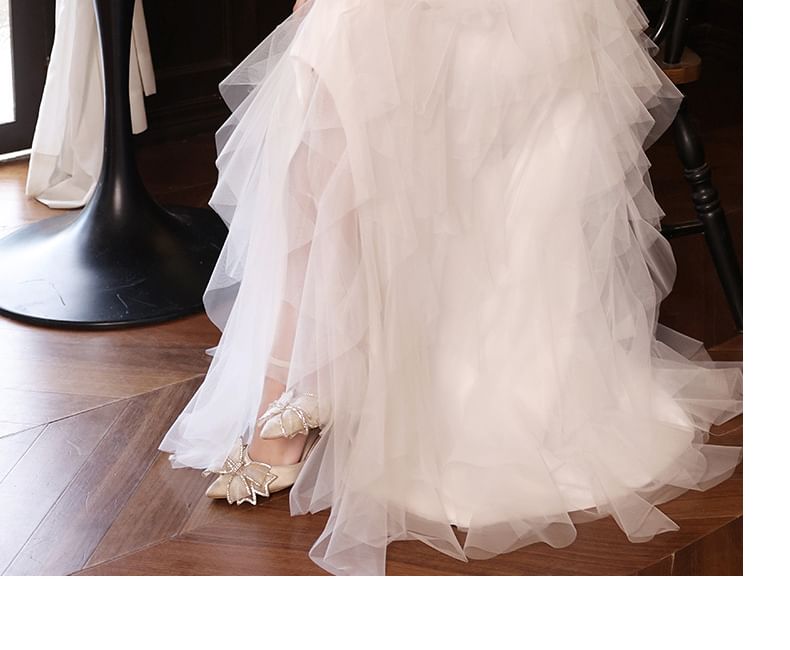 Mesh Fringed Tiered Evening Gown Slit Sequin A-Line Floral