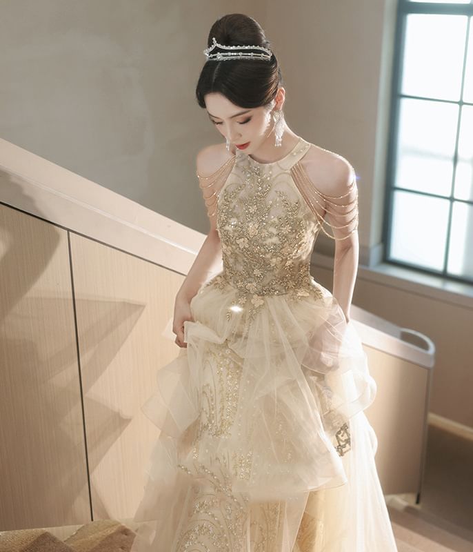 Halter Gown Evening Sleeveless A-Line Mesh Sequin