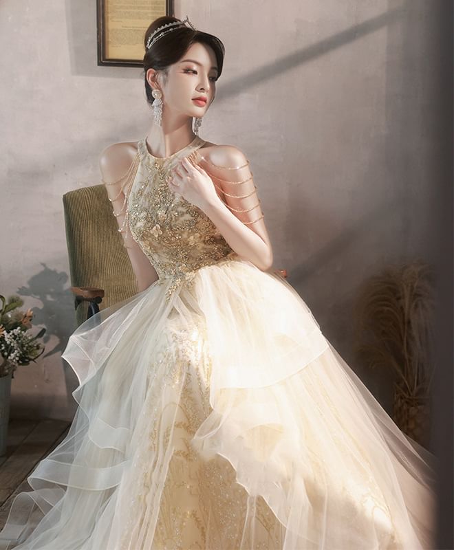 Halter Gown Evening Sleeveless A-Line Mesh Sequin