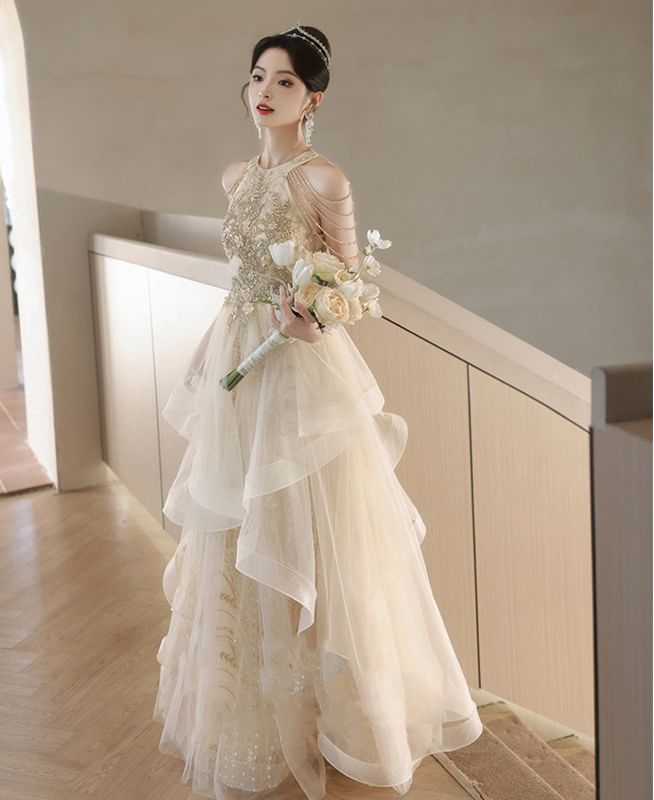 Halter Gown Evening Sleeveless A-Line Mesh Sequin