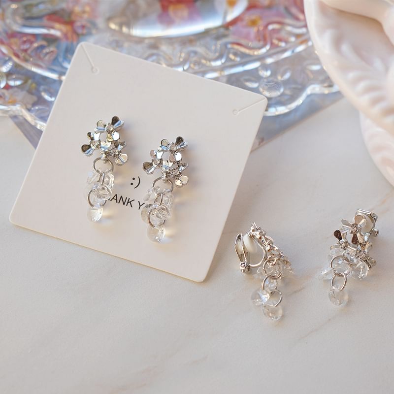 Faux Clip-On Crystal Earring Floral Rhinestone / Drop