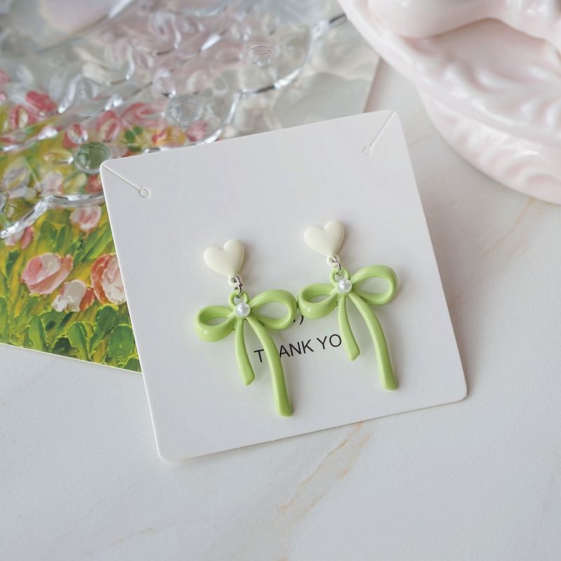 Earring Clip-On Faux Bow Pearl Drop Heart /