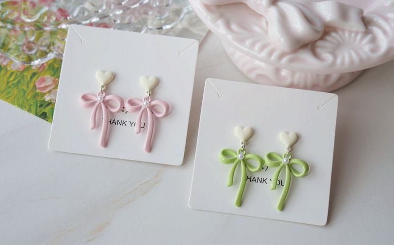 Earring Clip-On Faux Bow Pearl Drop Heart /