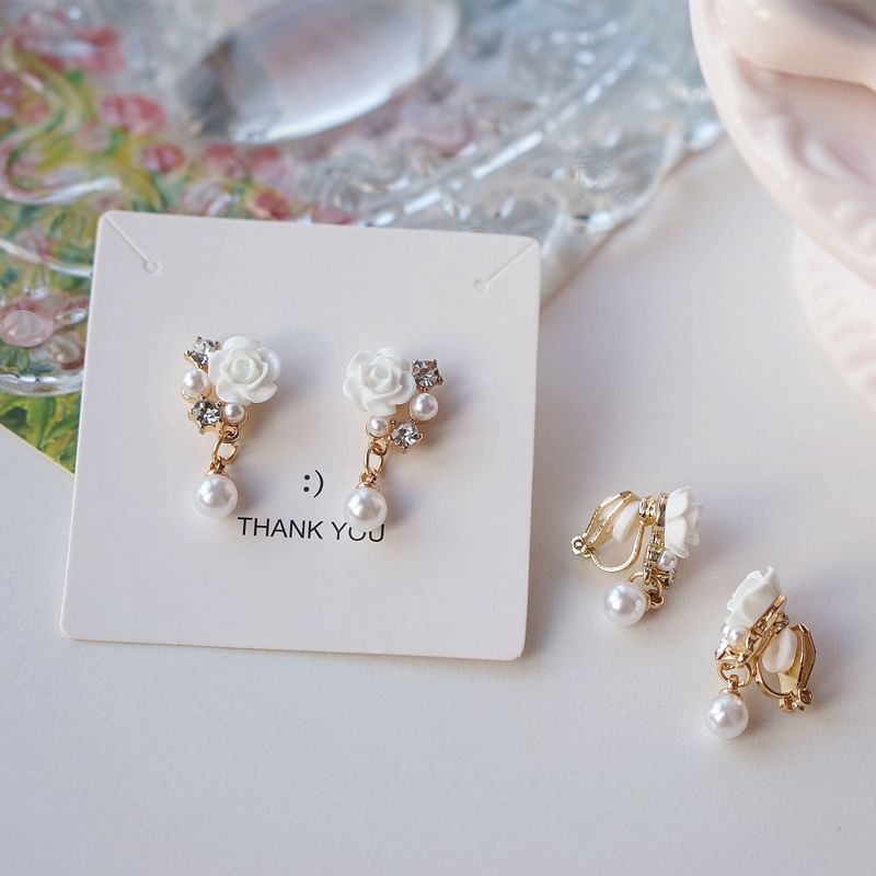 Clip-On Floral Earring Faux Rhinestone / Pearl Drop