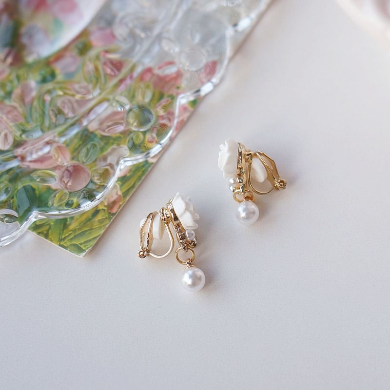 Clip-On Floral Earring Faux Rhinestone / Pearl Drop