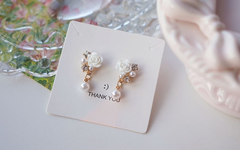 Clip-On Floral Earring Faux Rhinestone / Pearl Drop
