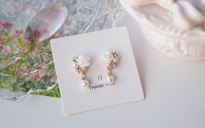 Clip-On Floral Earring Faux Rhinestone / Pearl Drop