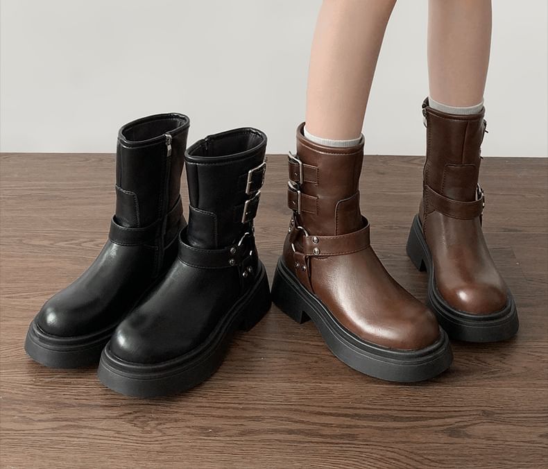Plain Platform Boots Short Buckled