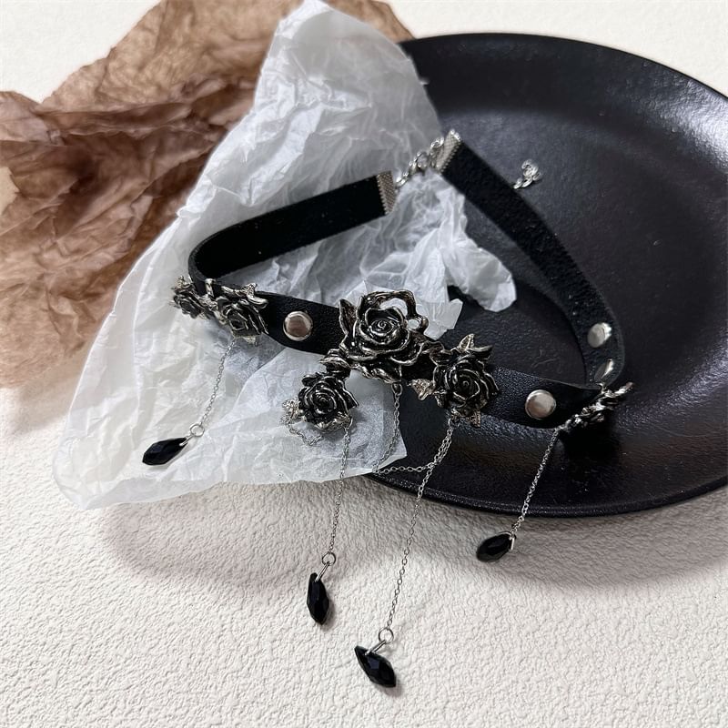 Faux Choker Rhinestone Leather