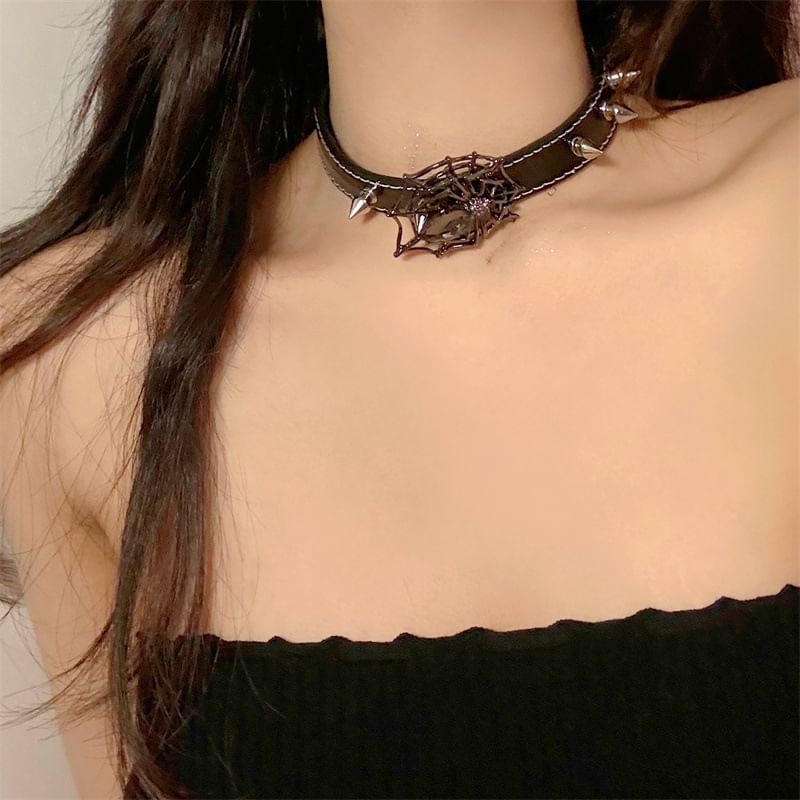 Choker Spike Spiderweb Stud Leather Faux