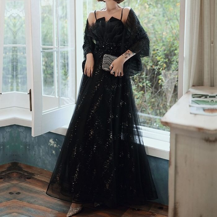 Sequin Gown Spaghetti A-Line Mesh Neck Strap Evening Floral Accent Notch