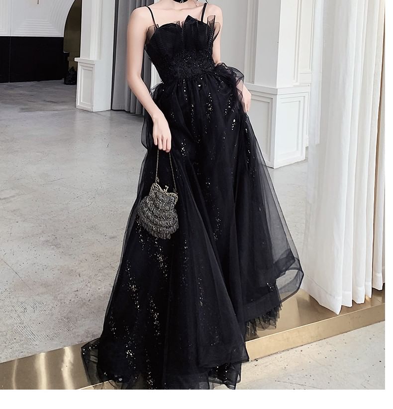 Sequin Gown Spaghetti A-Line Mesh Neck Strap Evening Floral Accent Notch