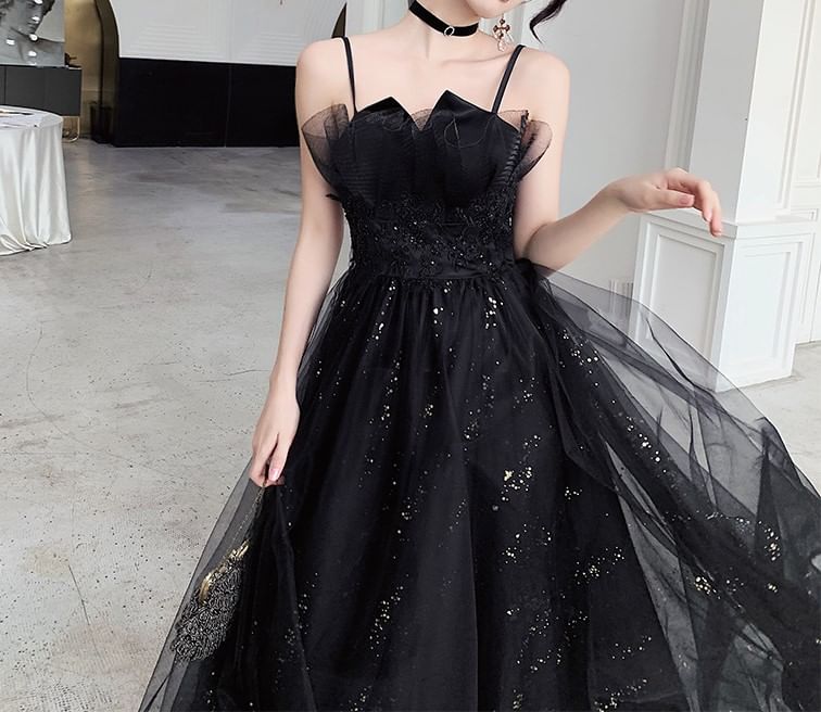 Sequin Gown Spaghetti A-Line Mesh Neck Strap Evening Floral Accent Notch