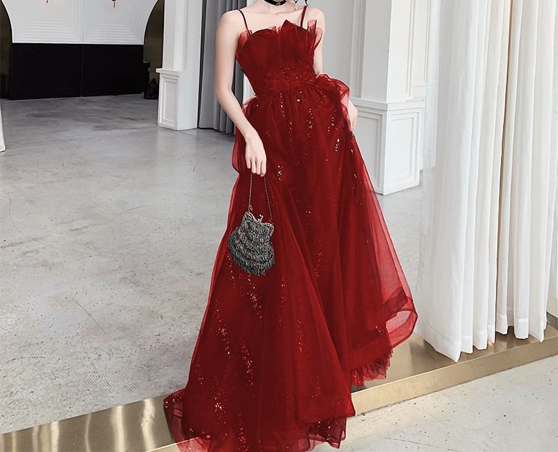 Sequin Gown Spaghetti A-Line Mesh Neck Strap Evening Floral Accent Notch