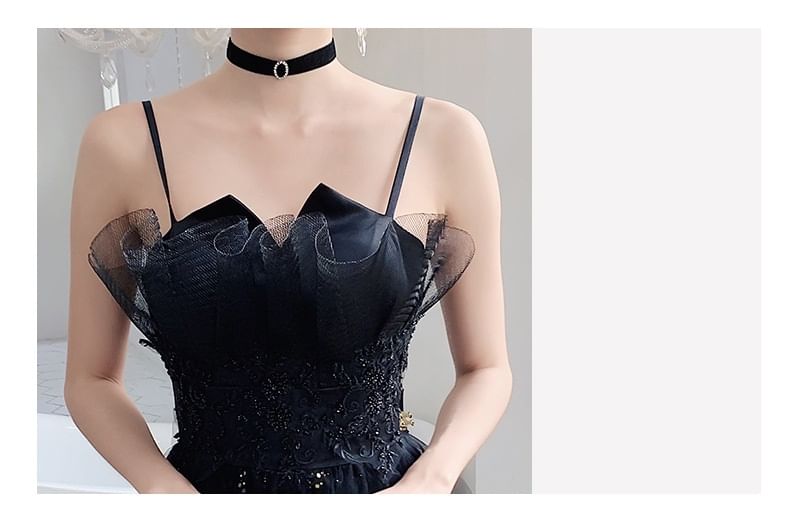 Sequin Gown Spaghetti A-Line Mesh Neck Strap Evening Floral Accent Notch