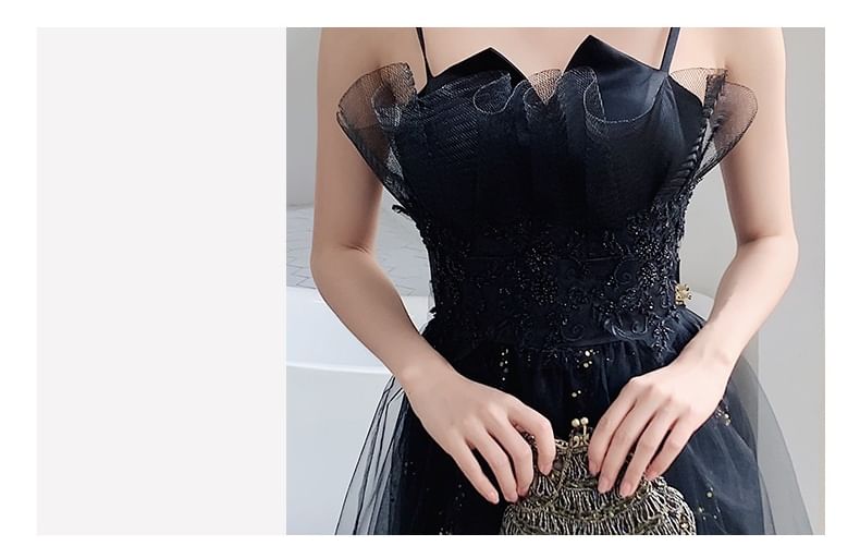 Sequin Gown Spaghetti A-Line Mesh Neck Strap Evening Floral Accent Notch