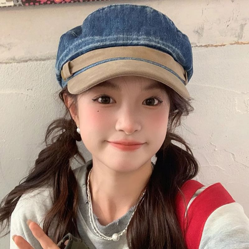 Panel Washed Cap Faux Denim Sailor Suede