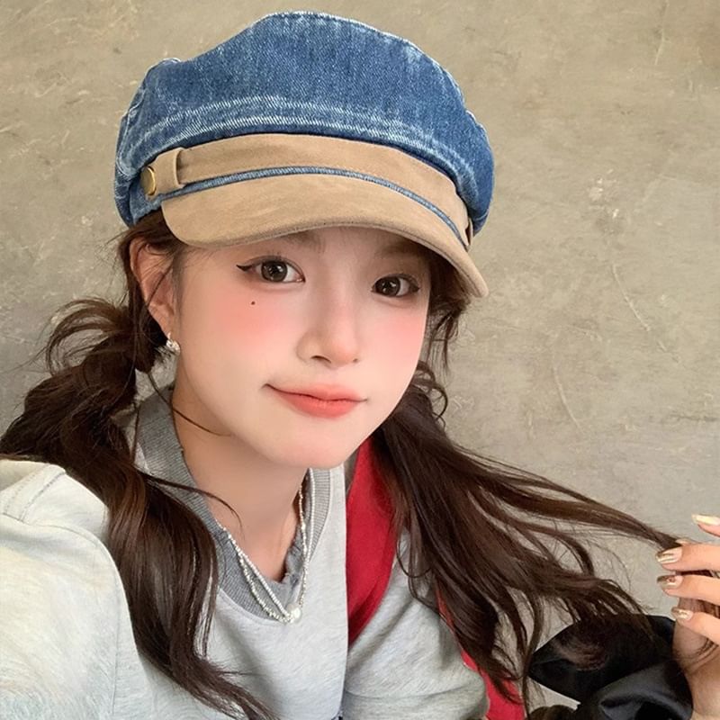 Panel Washed Cap Faux Denim Sailor Suede