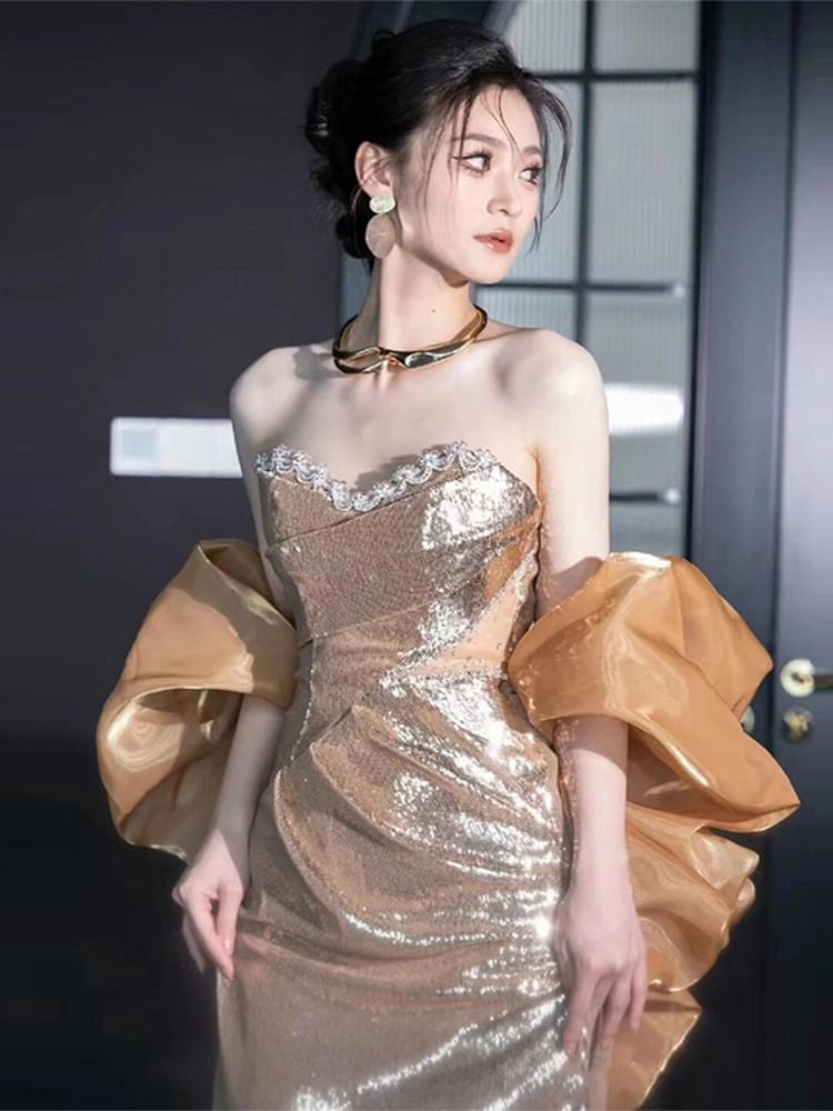 Robe de soirée fourreau à sequins sans bretelles