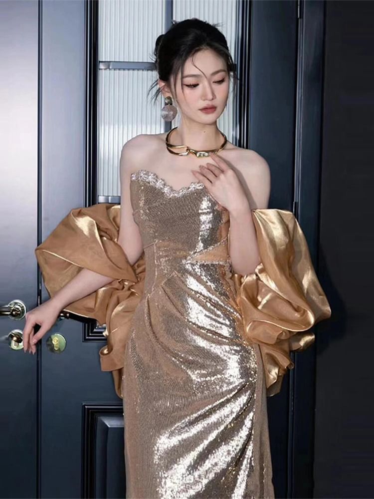 Robe de soirée fourreau à sequins sans bretelles